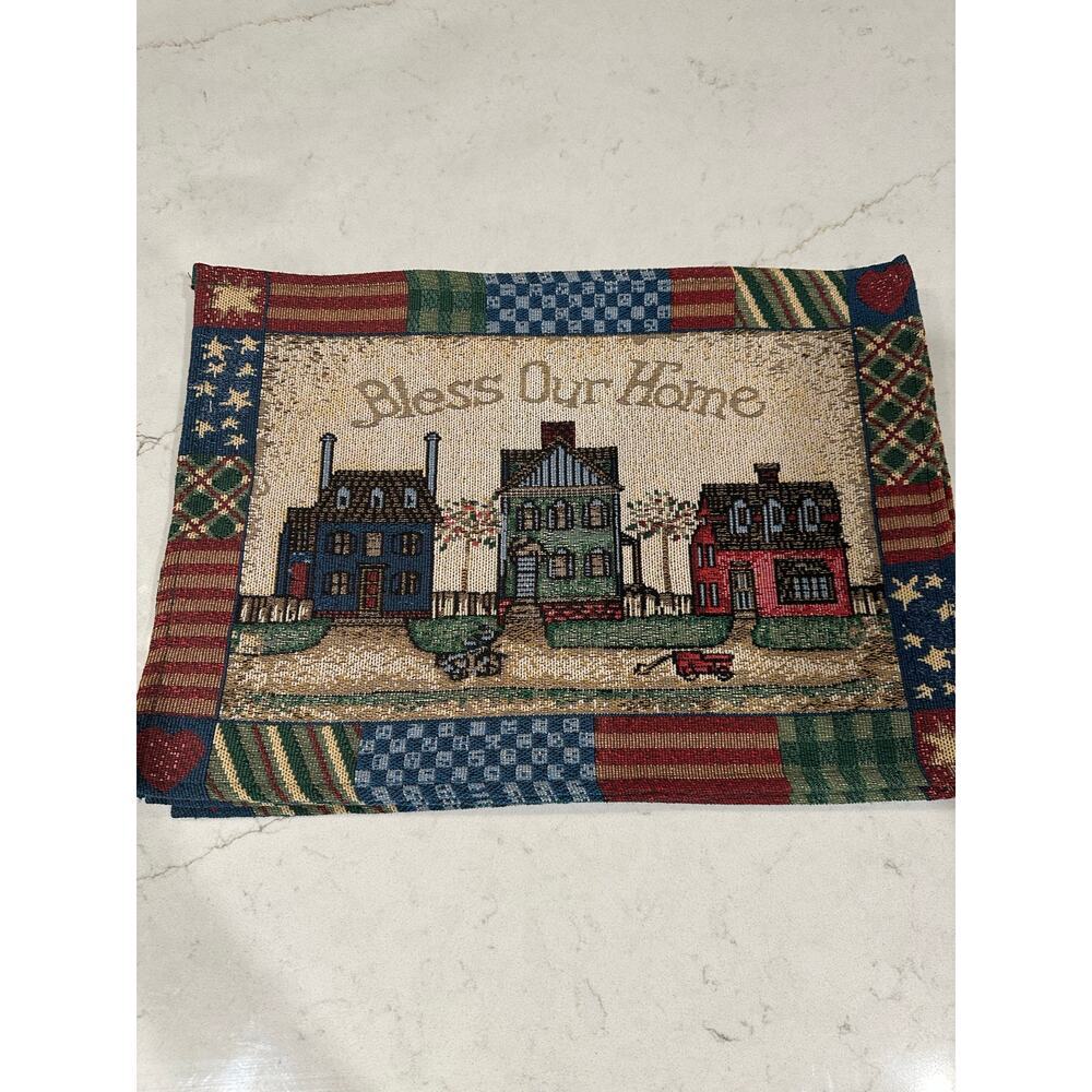 Americana Country Bless Our Home Woven Tapestry Placemats Set of 5 Folk Art USA